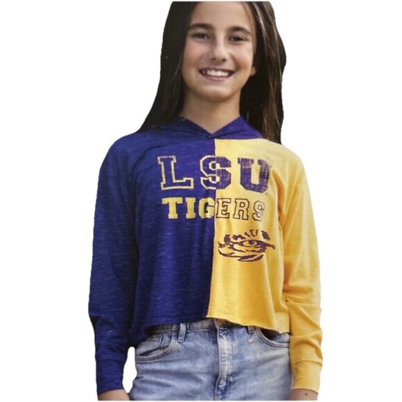 LSU Tigers Youth Girls Colosseum Vintage LS Tee NCAA Hooded 7/8 Purple/Gold NEW - Picture 1 of 5